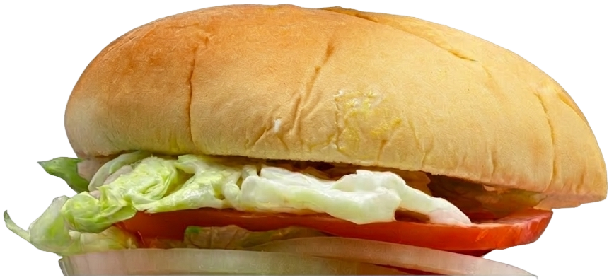 Burger with lettuce, tomato, and onion.