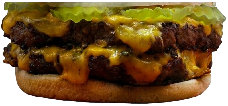 Cheeseburger with pickles, double patty, and cheese.