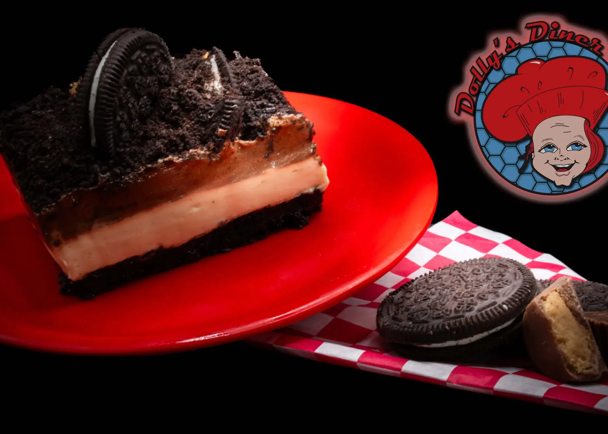 Chocolate dessert with Oreo cookies on plate.