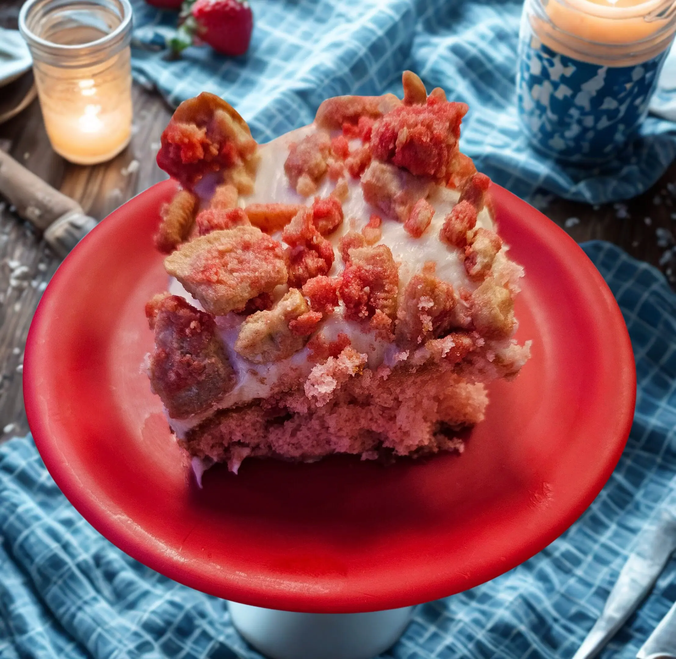 A decadent cinnamon roll topped with cream and crispy bacon bits.